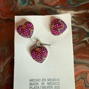 Silver Heart Earrings and Pendant Set with Purple Beads
